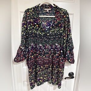 Woman Within 4X Tunic Blouse 3/4 Sleeve Navy Multi Floral Cottagecore Lagenlook